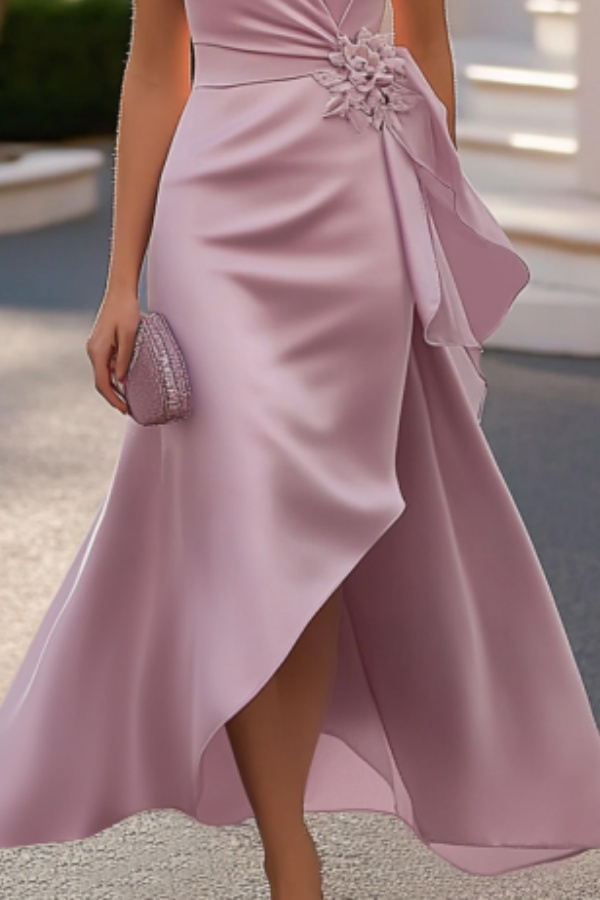 Cocktail ​Party Satin ​​Wrap Dress Pink Crew Neck Midi Dress