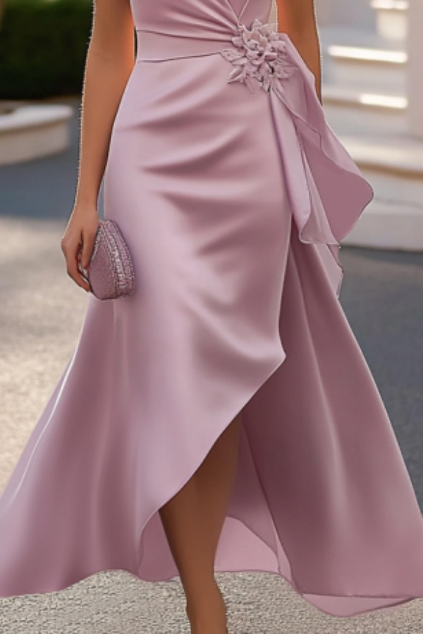 Cocktail Party Satin Wrap Dress Pink Crew Neck Midi Dress