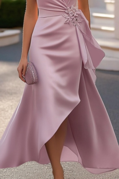 Cocktail ​Party Satin ​​Wrap Dress Pink Crew Neck Midi Dress