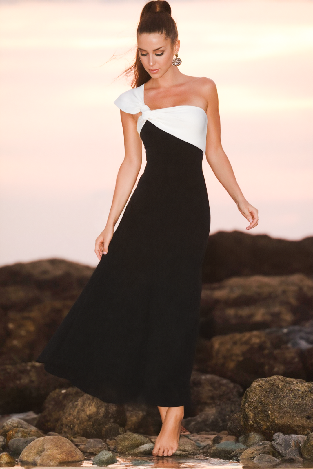 Cocktail Party Dress Black White One Shoulder Maxi Dress