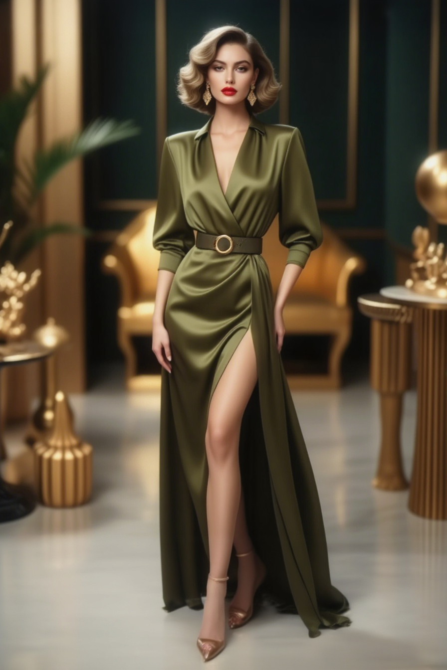 Evening Formal Satin Dress Green V Neck Floor-Length Dress