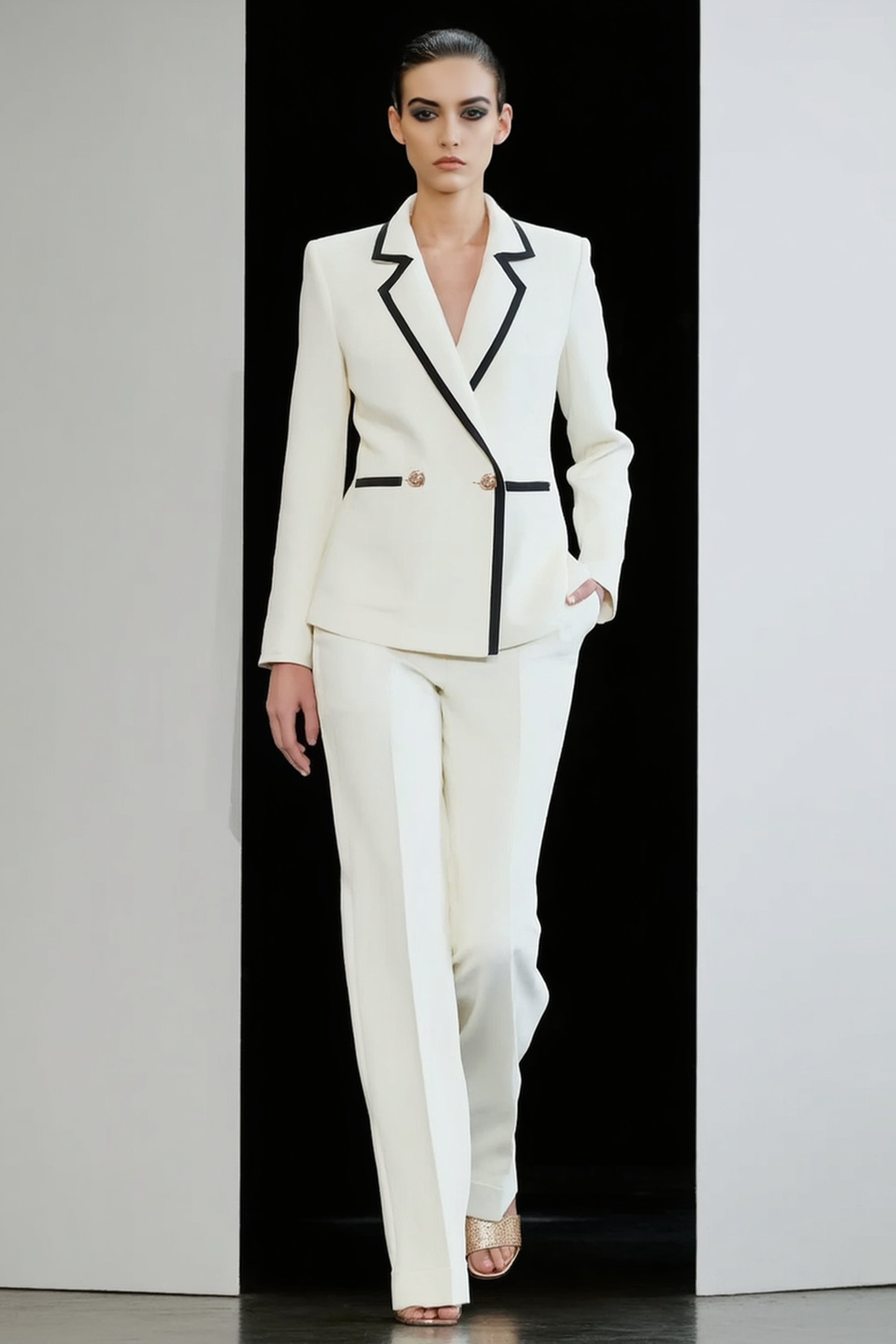 Work Blazer Suit White Lapel Long Sleeve Pants Set 