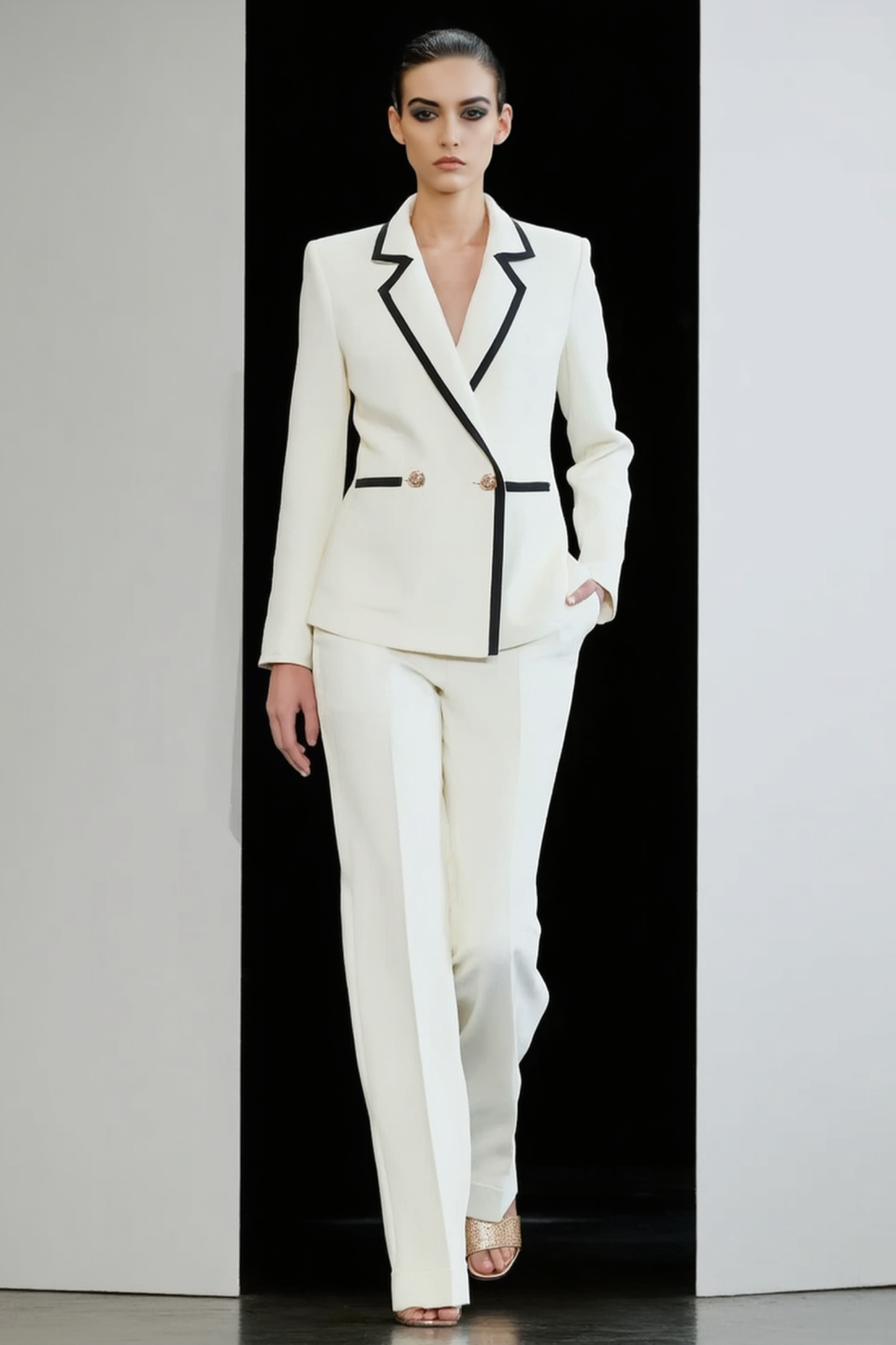 Work Blazer Suit White Lapel Long Sleeve Pants Set