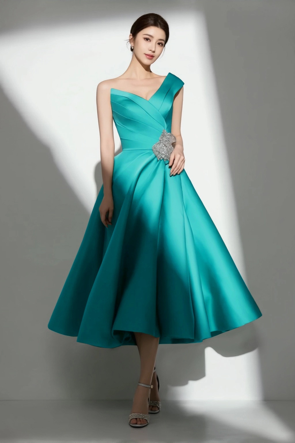Cocktail ​Party ​​Satin Dress Green V Neck A-Line Midi Dress