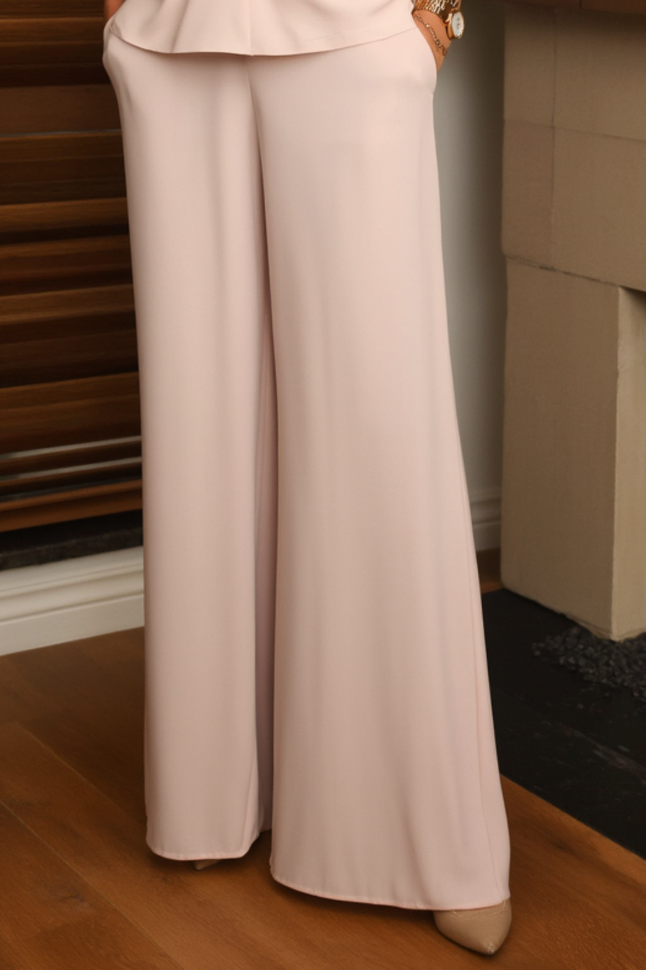 Casual Set Beige V Neck Long Sleeve Wide-Leng Pants Set 
