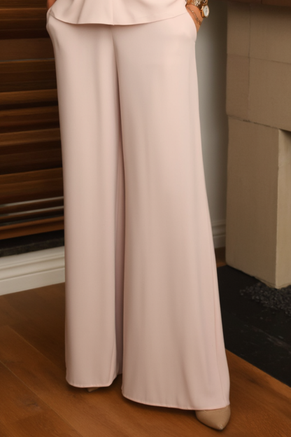 Casual Set Beige V Neck Long Sleeve Wide-Leng Pants Set 