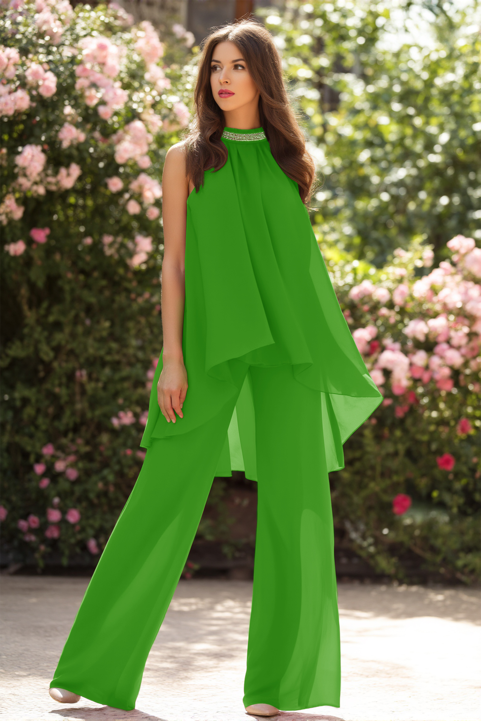 Casual Blouse Set Fuchsia Halter Neck Two-Piece Wide-Leg