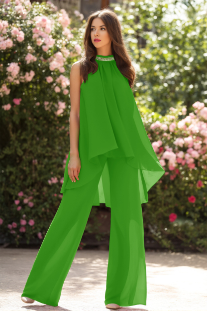 Casual Blouse Set Fuchsia Halter Neck Two-Piece Wide-Leg