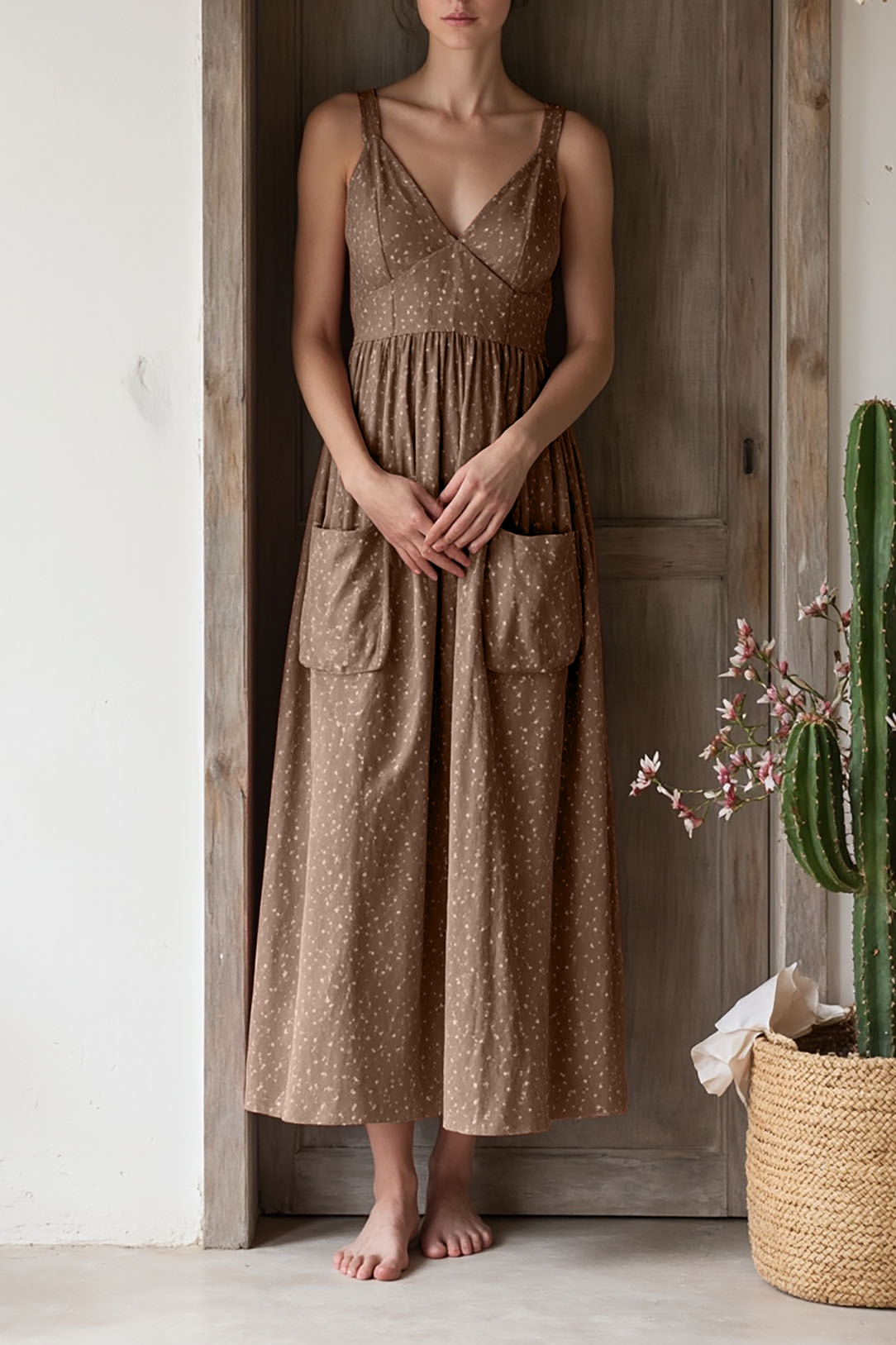 Casual Vacation Dress Light Brown Strappy Floral with Pockets Maxi Dress