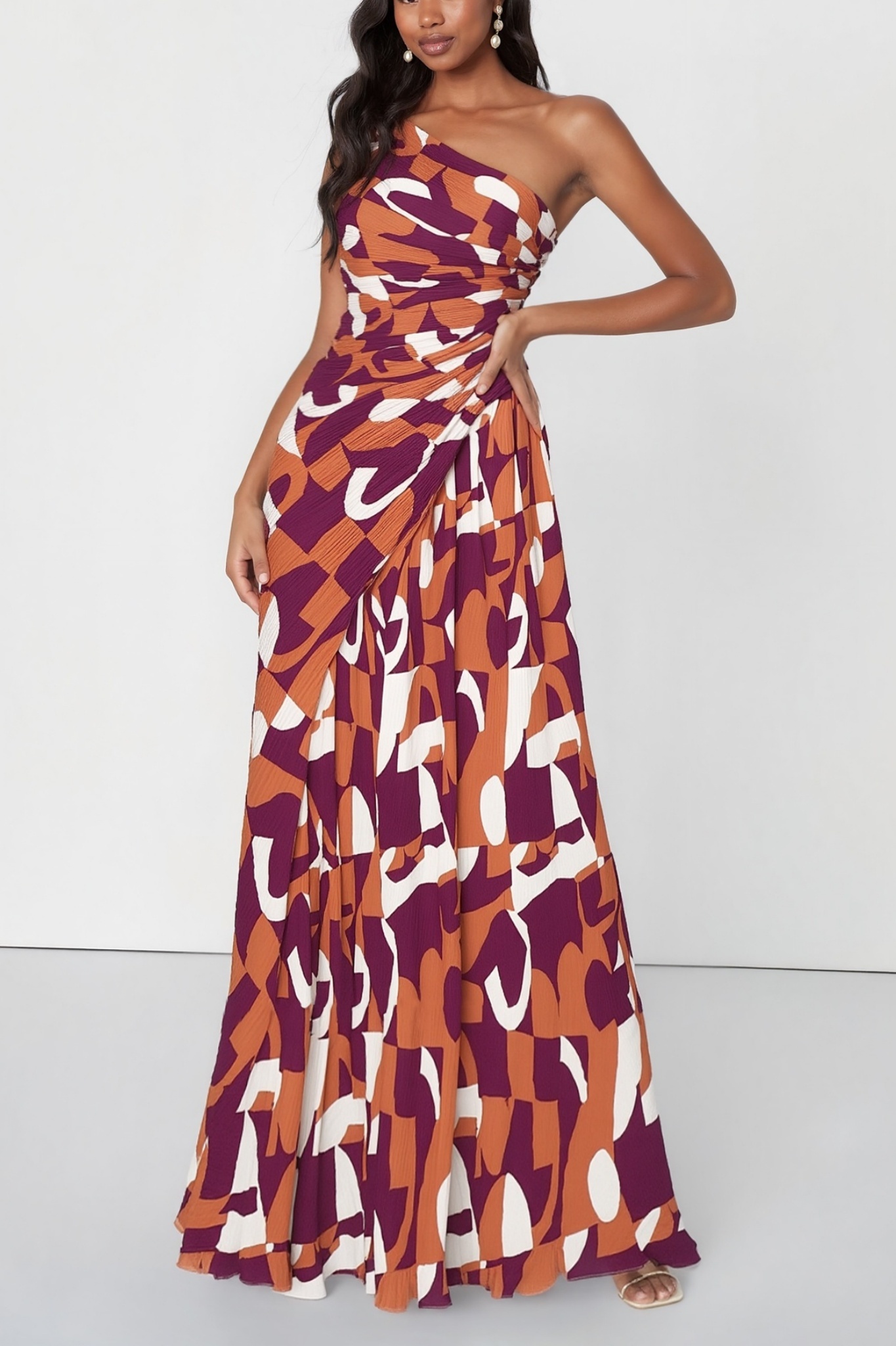 Vacation Dress Red One Shoulder Print Floor-Length Dress