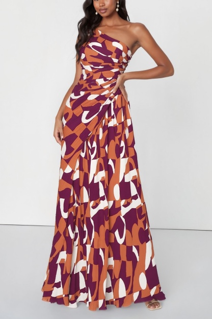 Vacation Dress​​ Red One Shoulder Print Floor-Length Dress