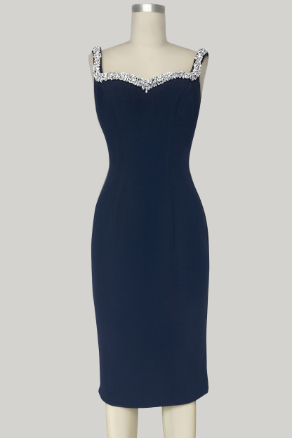Cocktail Dress V Neck Navy Hand-Beaded Midi with Sparkling Rhinestones