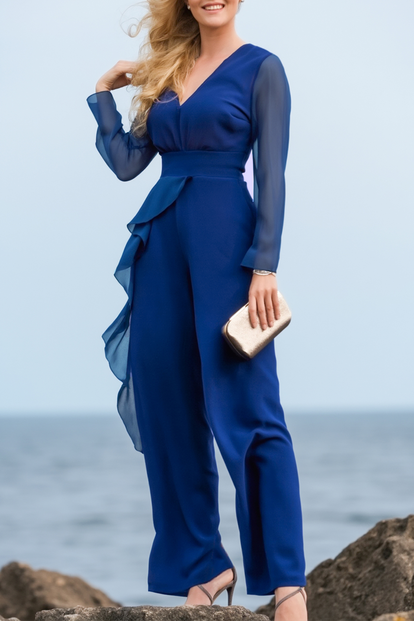 Work Jumpsuit Navy V Neck Ruffle Long Sleeve