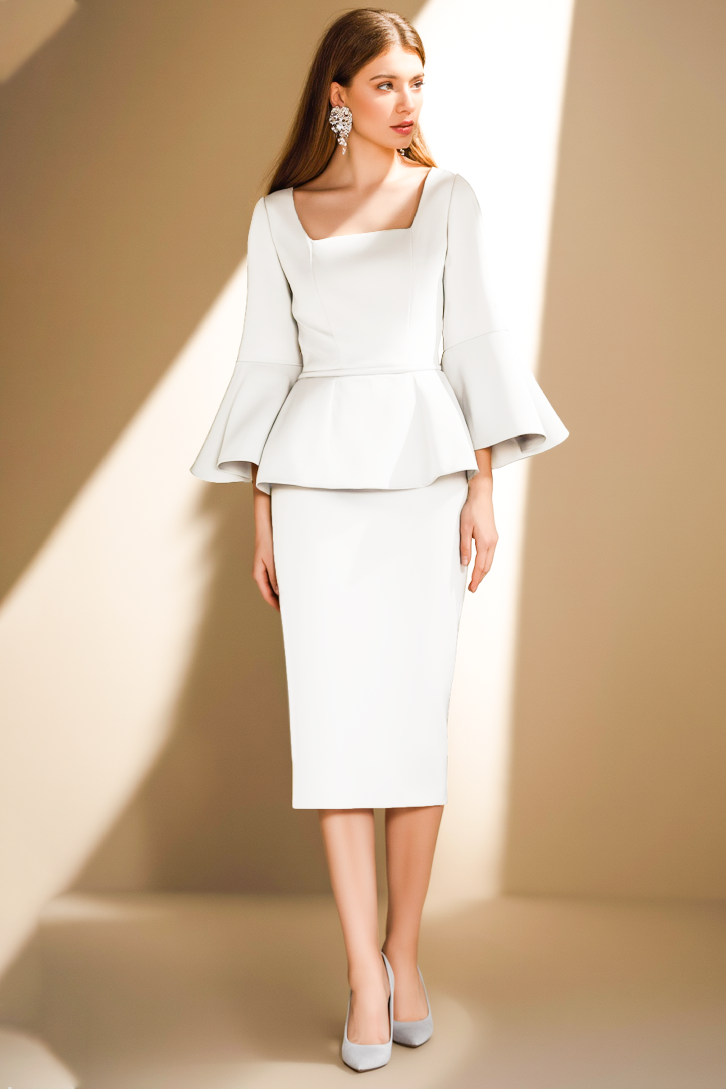 Work Outfit Sets White Square Neck Knee Skirt Set