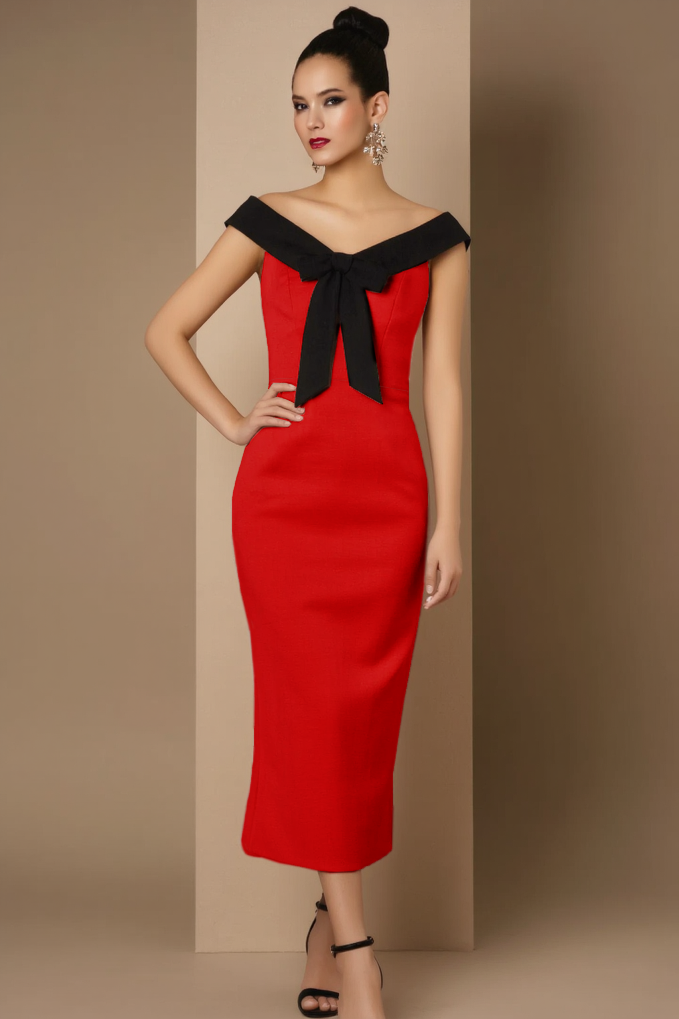 Party Cocktail Dress Red V Neck Colorblock Midi Dress