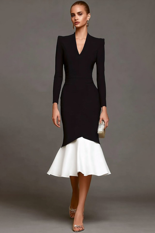 Cocktail Mermaid Dress Black White V Neck Midi Dress