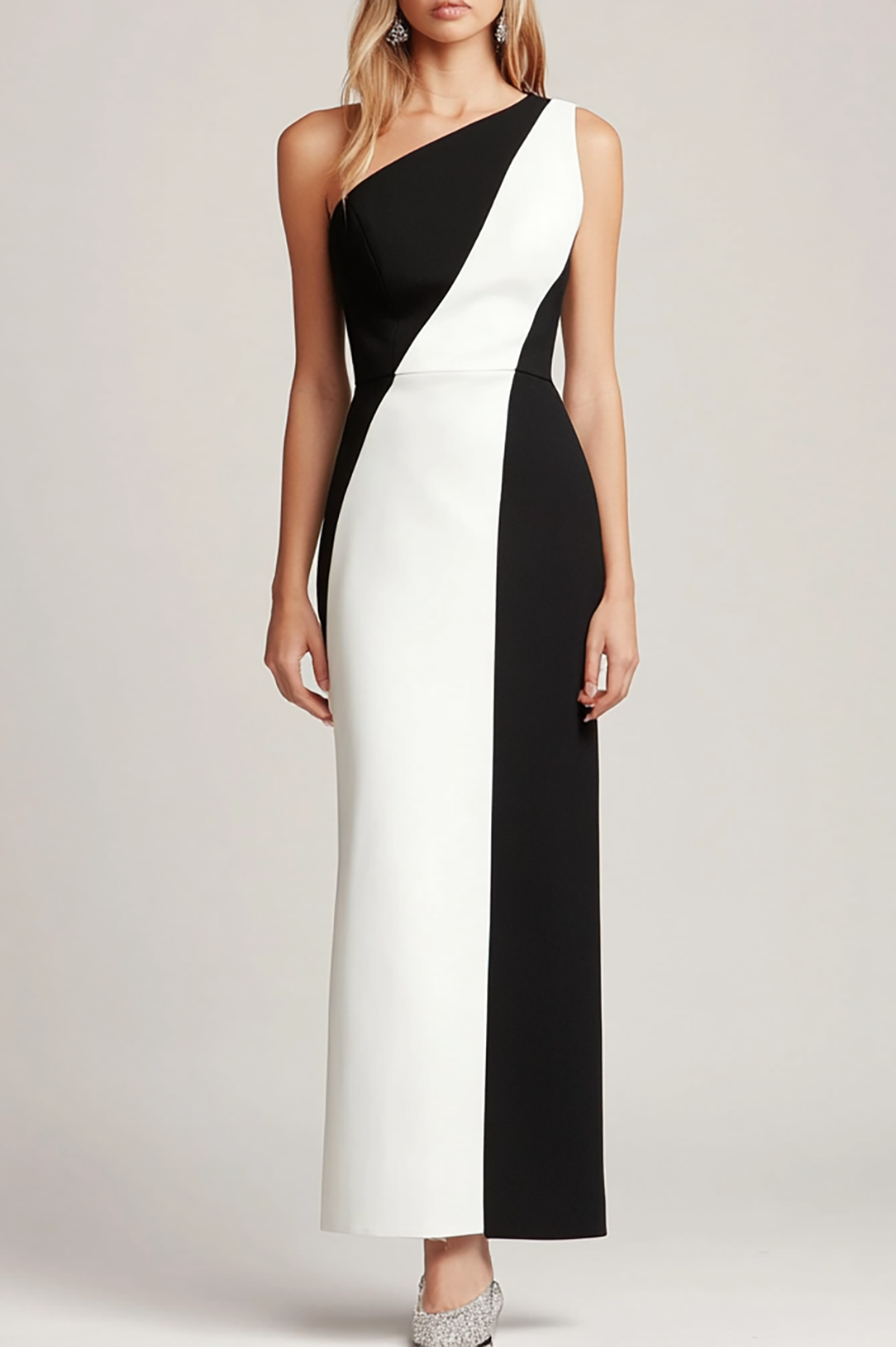 Evening One-Shoulder Color Block Dress Black White Asymmetrical Maxi Dress