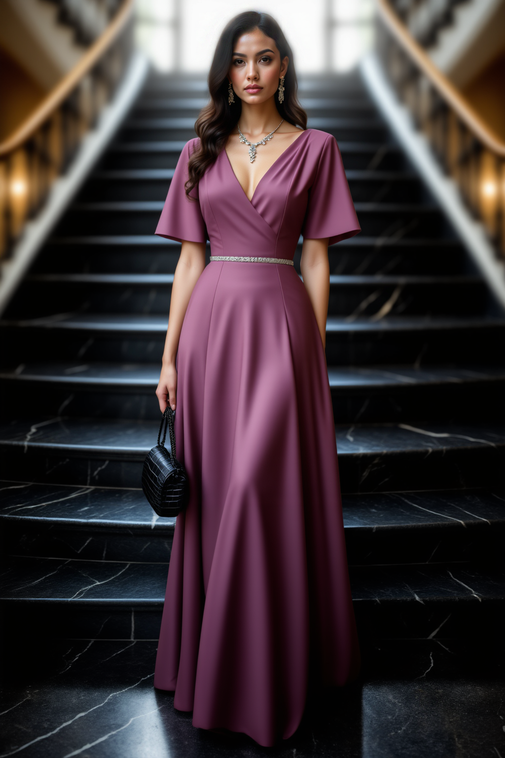 Evening Dress Purple V Neck Belted Maxi Dress