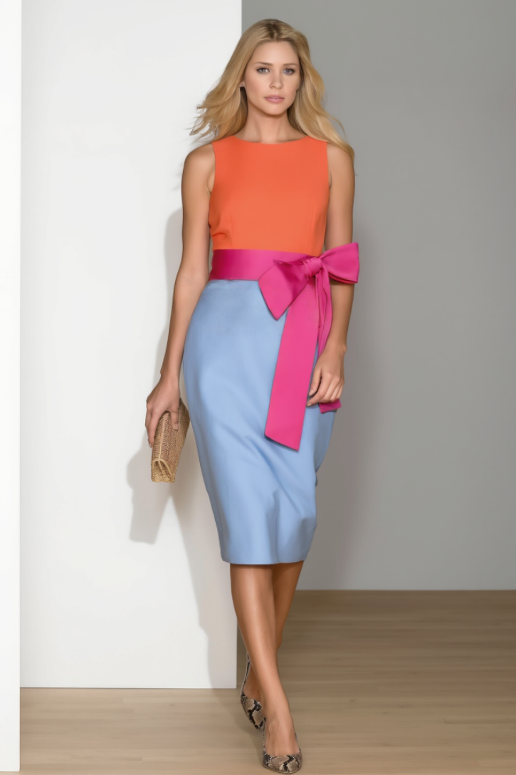 Party Work Dress Orange Crew Neck Colorblock Bow Knee-Length Dress