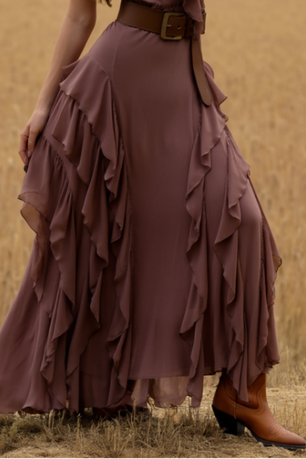 Boho Dress Purple V Neck Ruffle Belted Maxi Dress