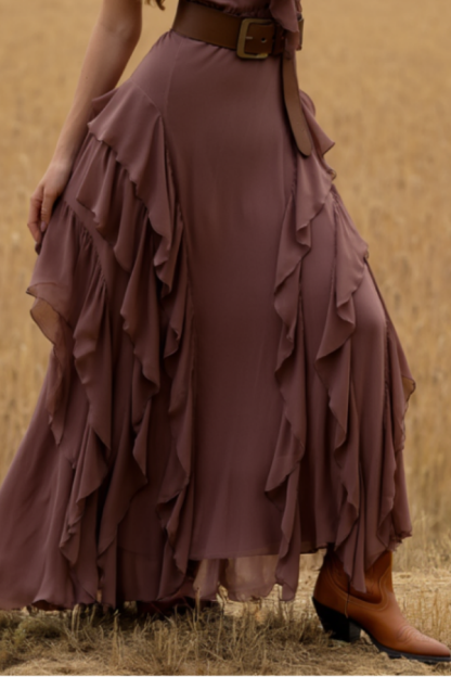 Boho Dress Purple V Neck Ruffle Belted Maxi Dress