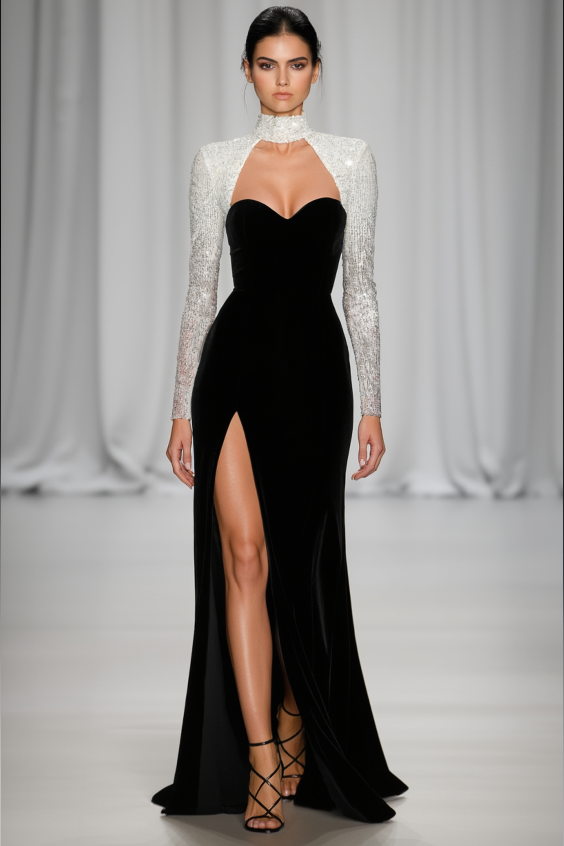 Formal Evening Dress Black Stand Collar Sequin Maxi Dress