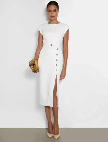 Work Dress​ White Crew Neck Slit Midi Dress