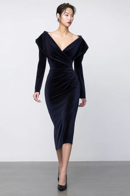 Cocktail Dress Navy V Neck Midi Velvet Dress