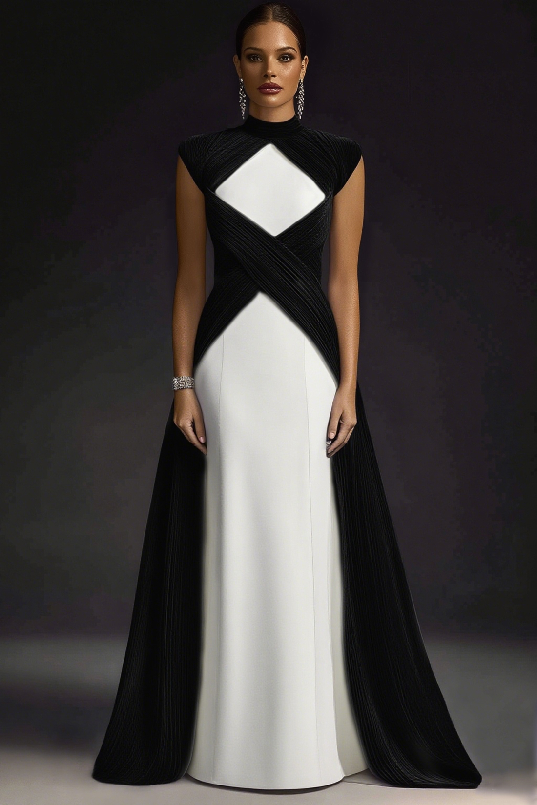 Formal Evening Dress Purple Stand Collar Pleated Train Maxi Gown