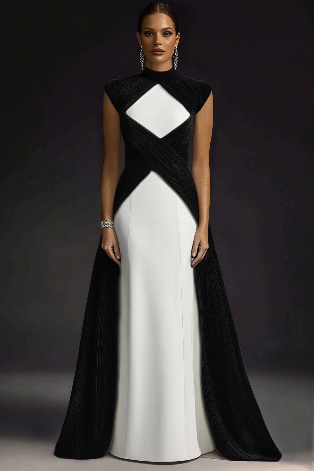 Formal Evening Dress Purple Stand Collar Pleated Train Maxi Gown