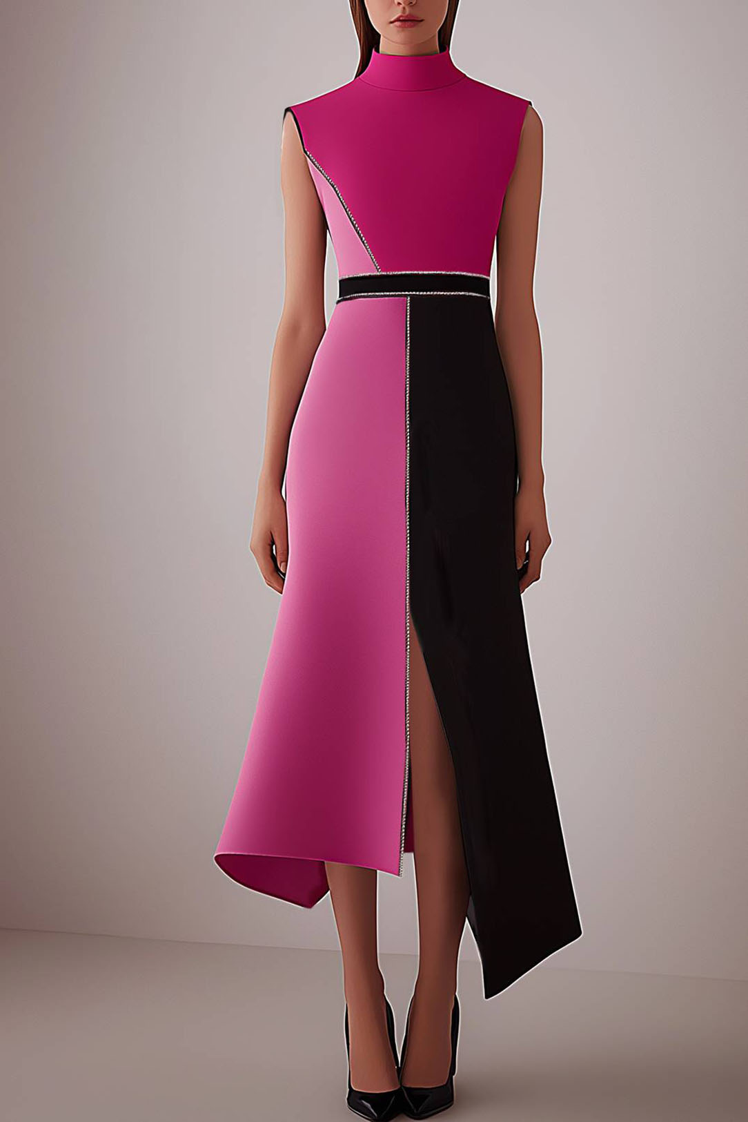 Business Party Dress High-Neck Black and Pink Asymmetrical Slit Midi Dress