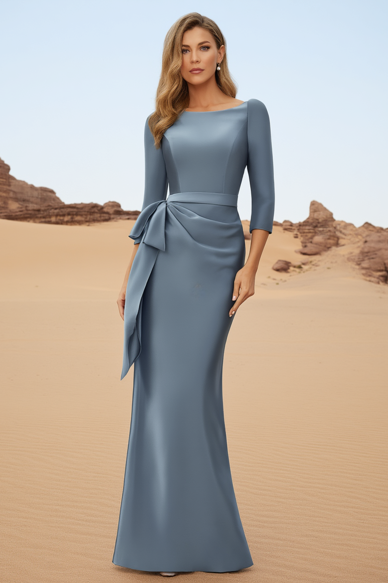 Evening Dress Blue Crew Neck 3/4 Length Sleeve Maxi Dress