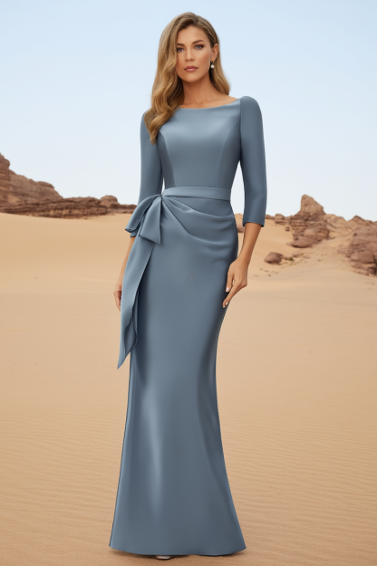 Evening Dress Blue Crew Neck 3/4 Length Sleeve Maxi Dress