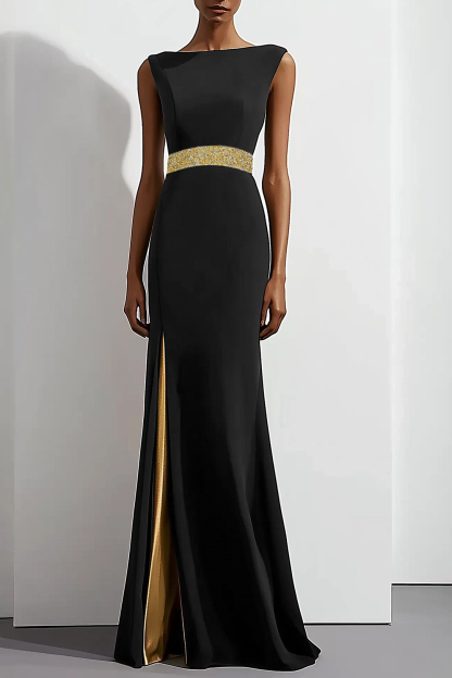 Formal Evening Dress Black Sleeveless Round Neck Maxi Dress