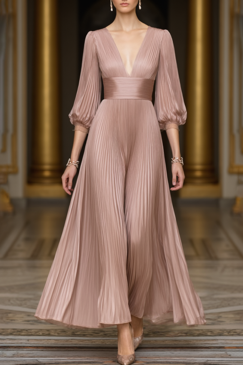 Formal Evening Dress Pink V Neck Pleated Maxi Dress