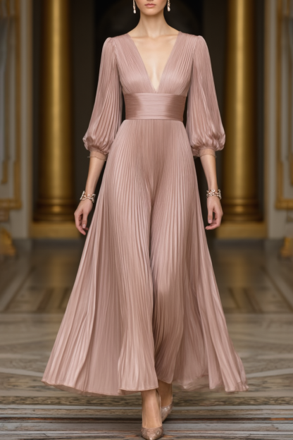 Formal Evening Dress Pink V Neck Pleated Maxi Dress