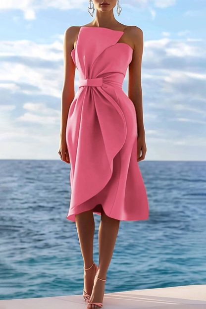 Cocktail Party Strapless Dress Orange Bow Pleated Knee-Length Dress