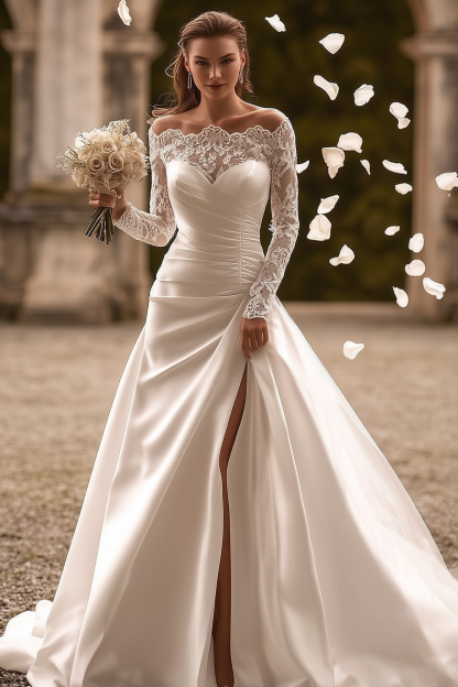 Formal ​Wedding Dress White Off Shoulder Satin Lace Maxi Dress