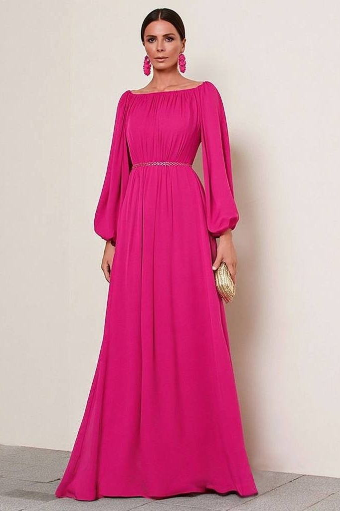 Formal ​Evening Dress Neon Pink Crew Neck Long Sleeve Maxi Dress