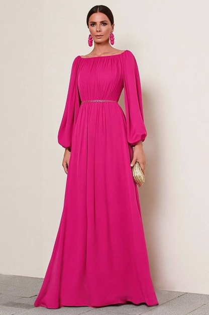 Formal ​Evening Dress Neon Pink Crew Neck Long Sleeve Maxi Dress