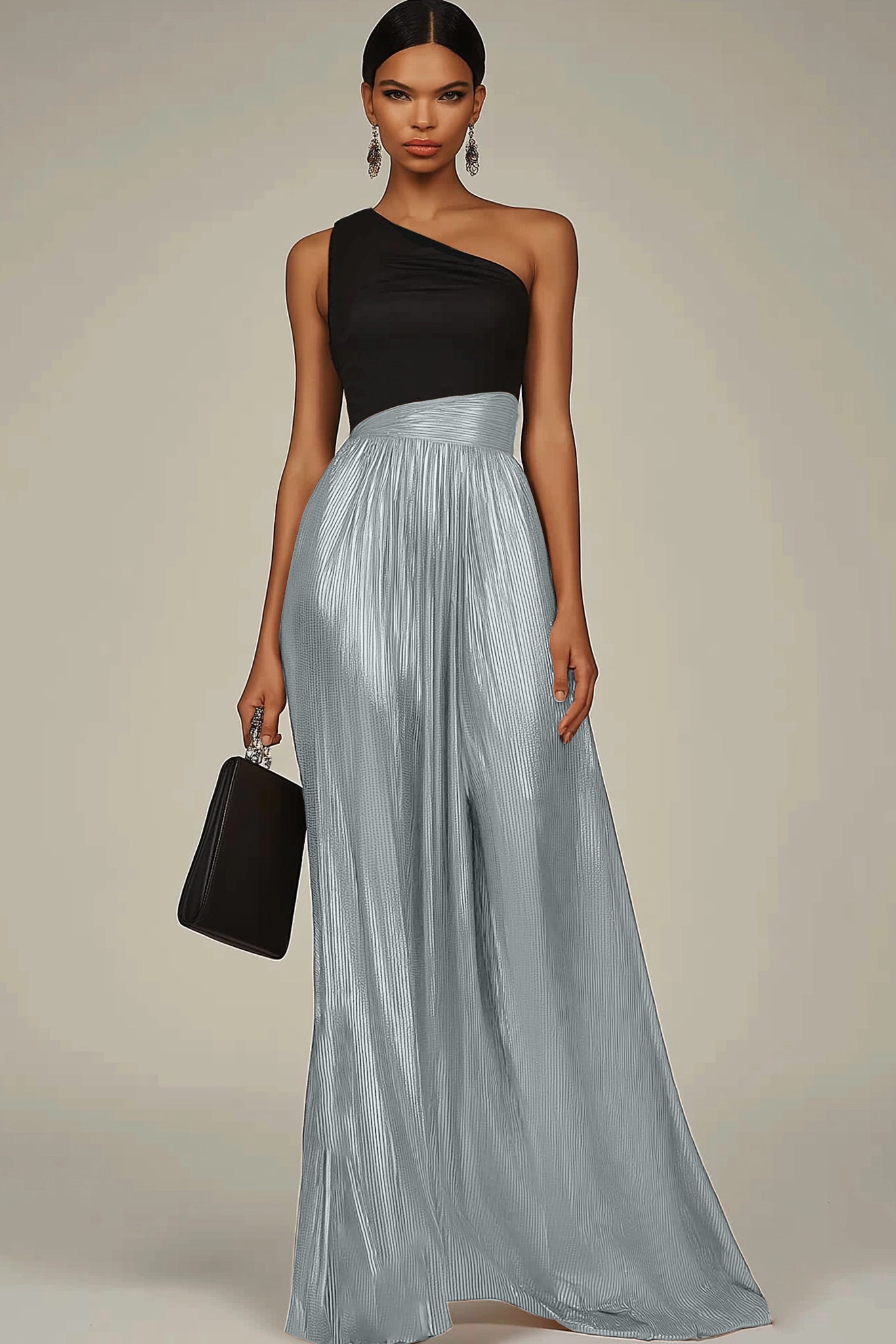 Evening Formal Dress Black-Gold Colorblock One-Shoulder Metallic Maxi 