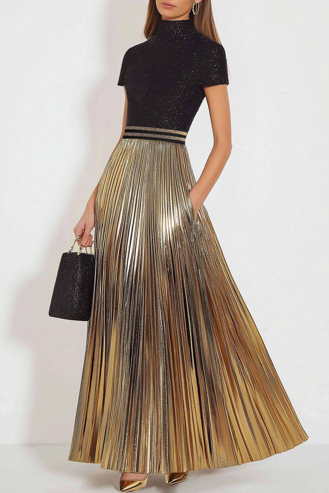 Daily Evening Shiny Dress Pleated Pearl Black and Gold Matching Maxi Dress