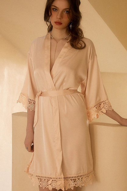 Bridal Pajama Robe White V Neck Satin Lace Robes Gown