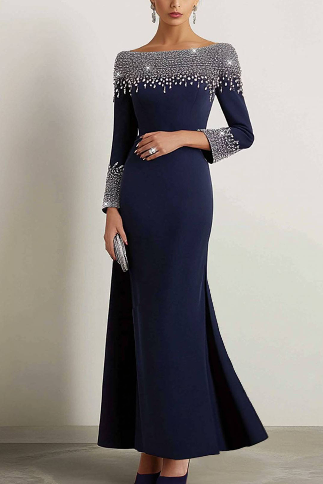 Formal Work Party Boat Neck Royal Blue Sleeveless Belted Slit Midi Dre