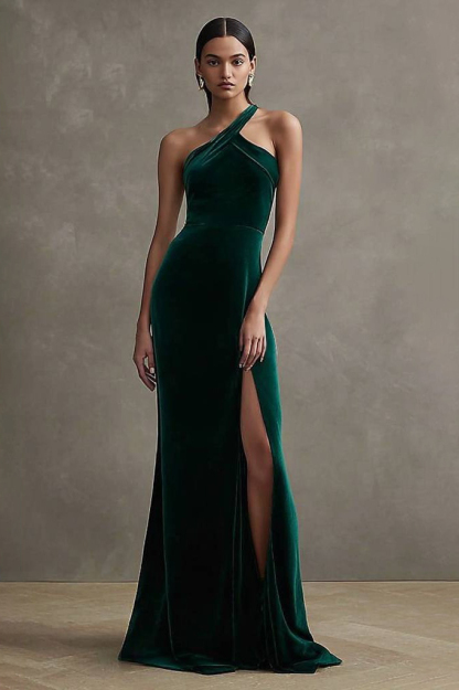 Formal ​Evening Dress Green Halter Neck Maxi Velvet Dress