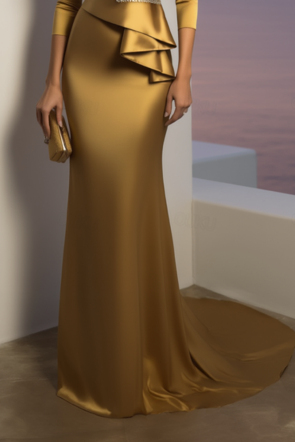 Formal ​Evening Dress Golden V Neck Maxi Satin Dress