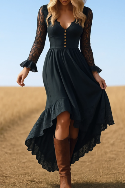 Boho Dress Black V Neck Ruffle Lace High-Low Hem Dress