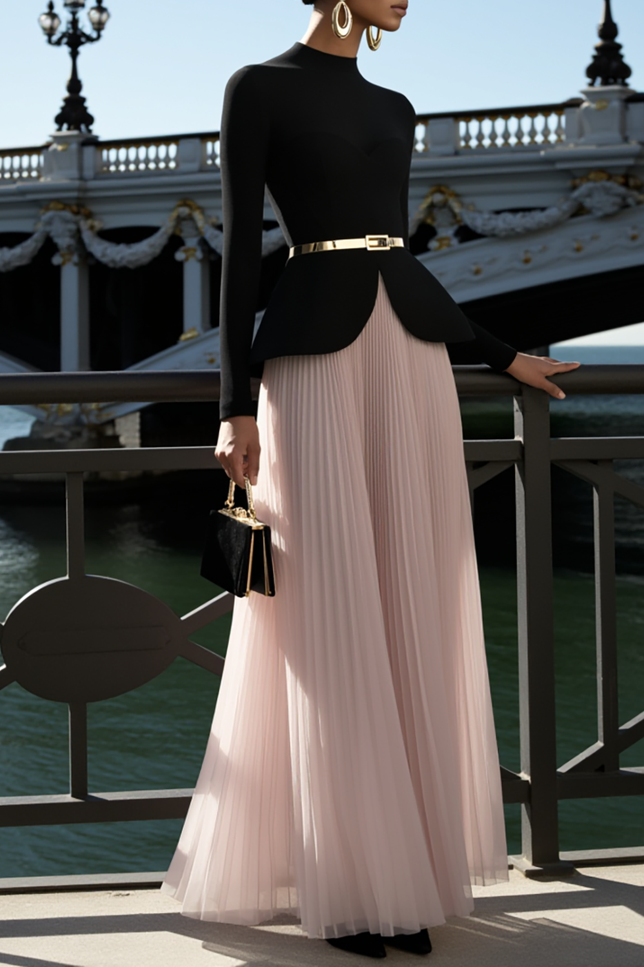 Formal Evening Outfit Set Black Long Sleeve Top & Pink Pleated Skirt