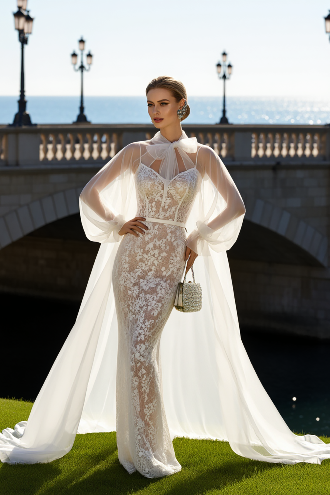 White Lace Wedding Dress Maxi with Spaghetti Straps & Long Sleeve Cape