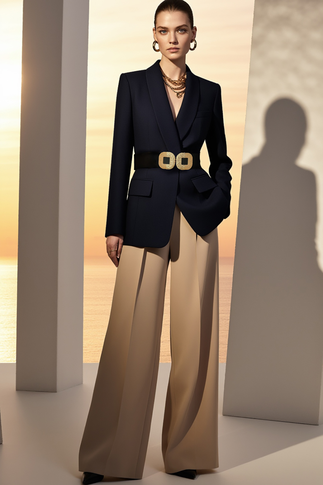 Black Work Blazer Suit Set with Brown Wide Leg Pants and Belt